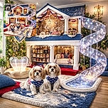 Two adorable small dogs dressed in patriotic star-spangled shirts pose proudly on a plush rug in front of an elaborate, dollhouse-style pet mansion decorated with festive red, white, and blue bunting and glowing star lights. A clear spiral slide with twinkling lights adds a whimsical touch to this cozy, patriotic pet paradise.