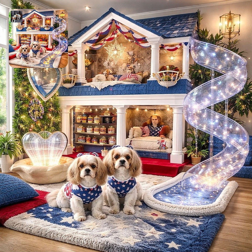 Two adorable small dogs dressed in patriotic star-spangled shirts pose proudly on a plush rug in front of an elaborate, dollhouse-style pet mansion decorated with festive red, white, and blue bunting and glowing star lights. A clear spiral slide with twinkling lights adds a whimsical touch to this cozy, patriotic pet paradise.
