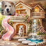 A fluffy, happy dog with curly fur and a pink collar poses adorably in front of a laundry basket on a tiled floor, tongue slightly out as if ready for a treat or a belly rub.