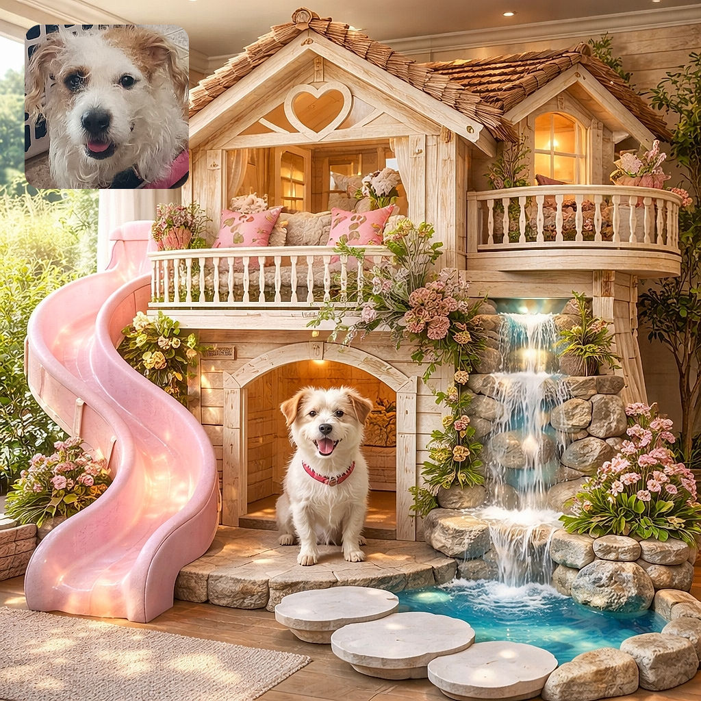 A fluffy, happy dog with curly fur and a pink collar poses adorably in front of a laundry basket on a tiled floor, tongue slightly out as if ready for a treat or a belly rub.