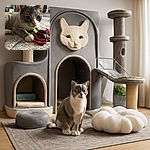 A curious cat with big eyes is lying on a patterned carpet, pawing at a colorful butterfly toy, with a cozy cat tree and home items softly blurred in the background.