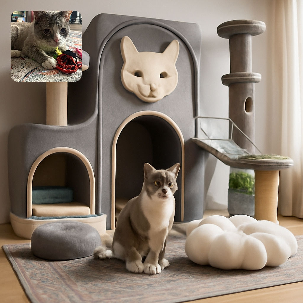 A curious cat with big eyes is lying on a patterned carpet, pawing at a colorful butterfly toy, with a cozy cat tree and home items softly blurred in the background.