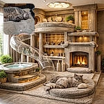 A chubby gray tabby has dramatically collapsed belly-up on the kitchen tile, snoring through its important duties — paws curled, whiskers relaxed, lying next to a bowl of colorful kibble on a black mat and a tiny scrap of wrapper as if it left a tip.