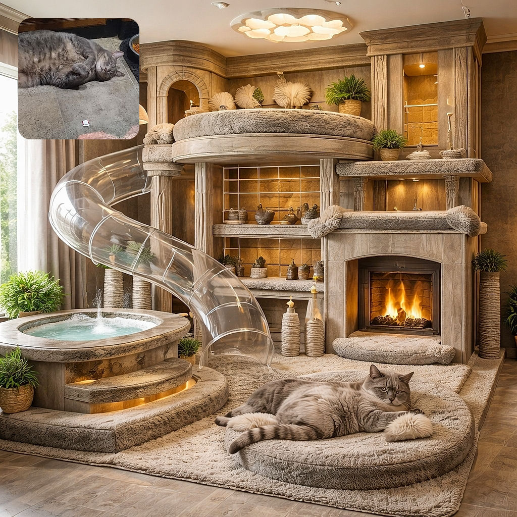 A chubby gray tabby has dramatically collapsed belly-up on the kitchen tile, snoring through its important duties — paws curled, whiskers relaxed, lying next to a bowl of colorful kibble on a black mat and a tiny scrap of wrapper as if it left a tip.