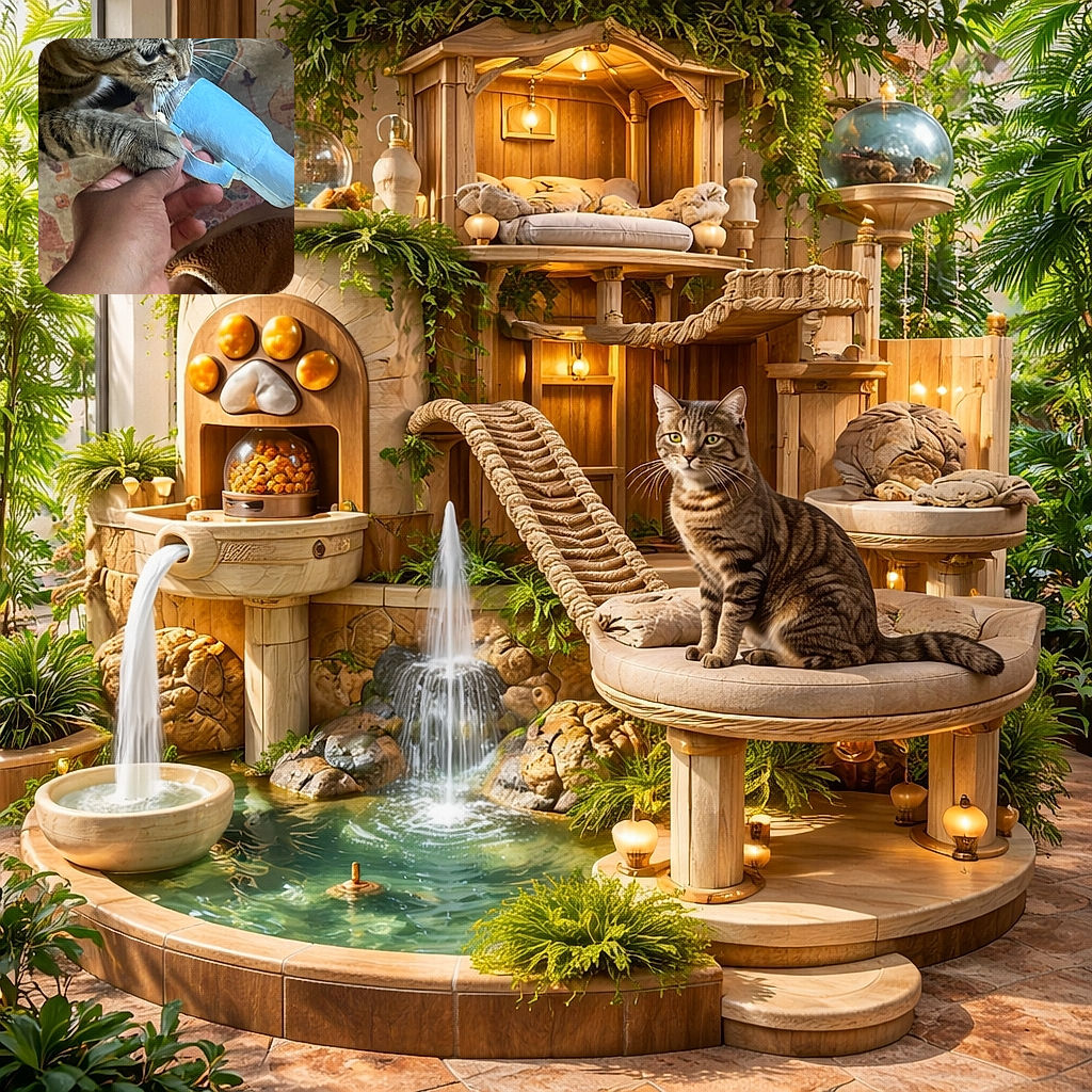 A curious tabby cat is inspecting and nibbling on a blue paper object held by a person's hand, with the cat's paw also touching the hand. The background shows a patterned carpet and a cozy slipper, creating a warm home atmosphere.