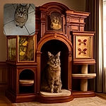 A curious tabby cat with big, round eyes looks up adorably from a tiled floor, whiskers spread wide as if ready to pounce or ask for treats.