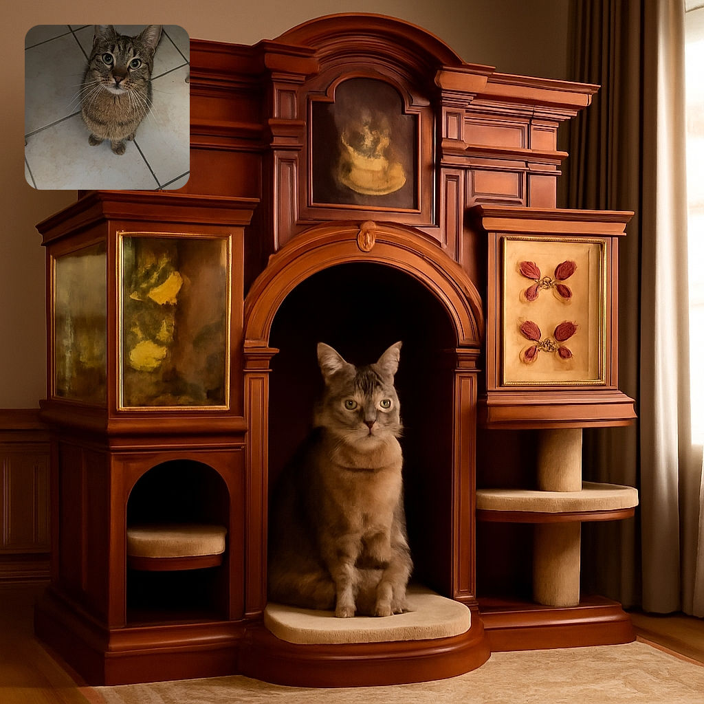 A curious tabby cat with big, round eyes looks up adorably from a tiled floor, whiskers spread wide as if ready to pounce or ask for treats.
