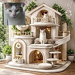 A curious cat with a white and tabby coat gazes directly into the camera while perched beside a white railing, with a green, out-of-focus background suggesting an outdoor setting.