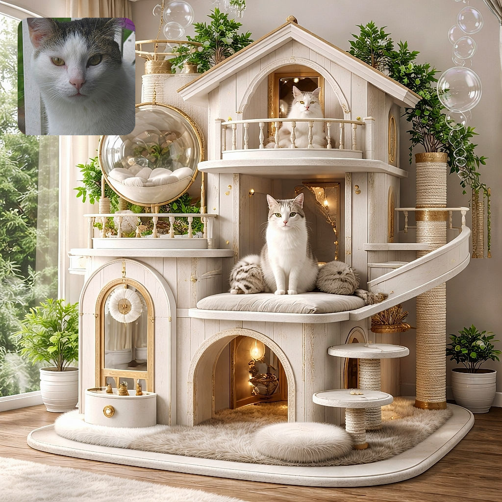 A curious cat with a white and tabby coat gazes directly into the camera while perched beside a white railing, with a green, out-of-focus background suggesting an outdoor setting.
