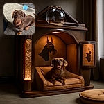 A curious little brown puppy with big, soulful eyes looks up from a cozy carpeted floor, with a bright blue spiky ball toy nearby, ready for playtime adventures.