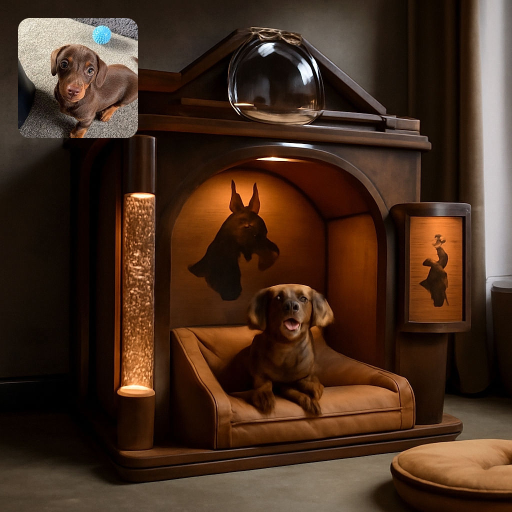 A curious little brown puppy with big, soulful eyes looks up from a cozy carpeted floor, with a bright blue spiky ball toy nearby, ready for playtime adventures.