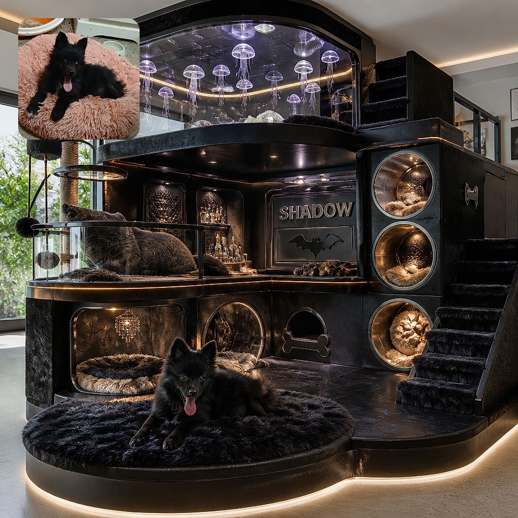 A fluffy black puppy lounges in a pink donut bed, proudly sticking out its tongue like it has just delivered the world’s tiniest stand-up comedy routine. A litter tray, pet bowl, cabinet, rugs, and a suspicious tangle of cables complete the cozy indoor scene.
