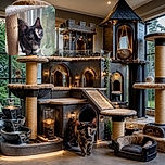 A tiny tortoiseshell kitten stands proudly on a cat tree, gazing upward with enormous curious eyes as if waiting for the universe to explain why the scratching post has a roof. A bright window and leafy outdoor background add a soft, natural glow.