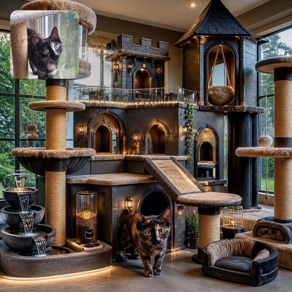 A tiny tortoiseshell kitten stands proudly on a cat tree, gazing upward with enormous curious eyes as if waiting for the universe to explain why the scratching post has a roof. A bright window and leafy outdoor background add a soft, natural glow.