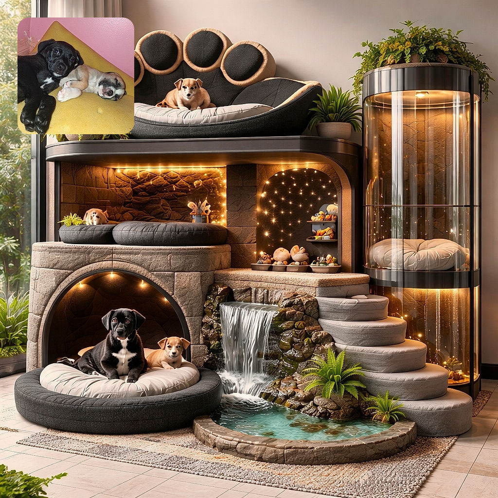 Two adorable puppies sprawled on a yellow foam cushion against a pink wall — one black pup wide awake and curious, the other a tan-and-white pup blissfully snoring. The flash highlights shiny noses and tiny paws, making this cozy nap look like a canine cuddle commercial.