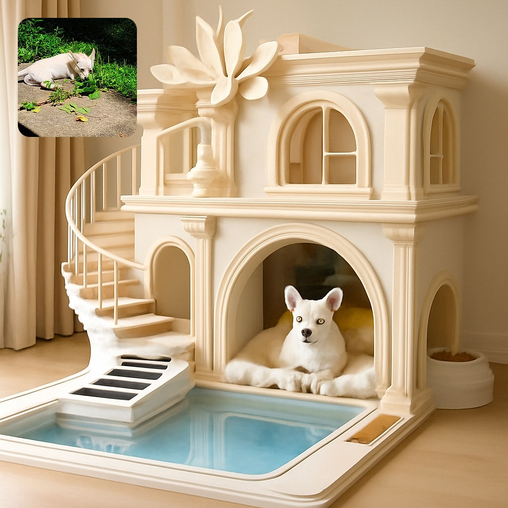 A small white dog is curiously sniffing or nibbling on some green plants growing through cracks in a concrete surface, basking in bright sunlight with a lush green background.
