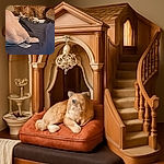 A cozy orange tabby cat is snoozing peacefully on a dark blue blanket, with a soft pink plush blanket partially covering a tag nearby. The background shows a slightly worn door and wall, adding a homely vibe to this relaxed scene.