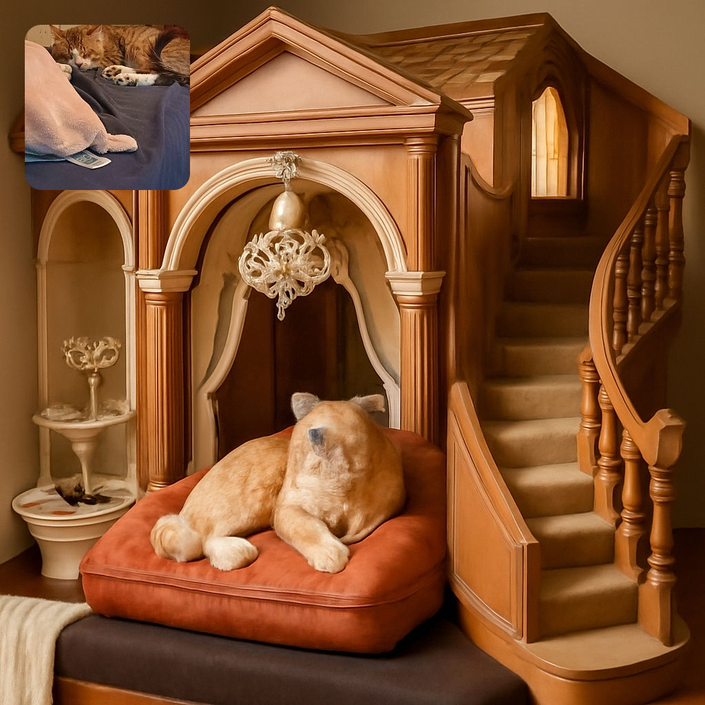 A cozy orange tabby cat is snoozing peacefully on a dark blue blanket, with a soft pink plush blanket partially covering a tag nearby. The background shows a slightly worn door and wall, adding a homely vibe to this relaxed scene.