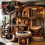 A sleepy tabby cat is sprawled across a colorful patchwork quilt, looking as though it has personally declared the blanket a luxury private kingdom. Behind it, a cozy couch and a slightly chaotic room complete the scene.