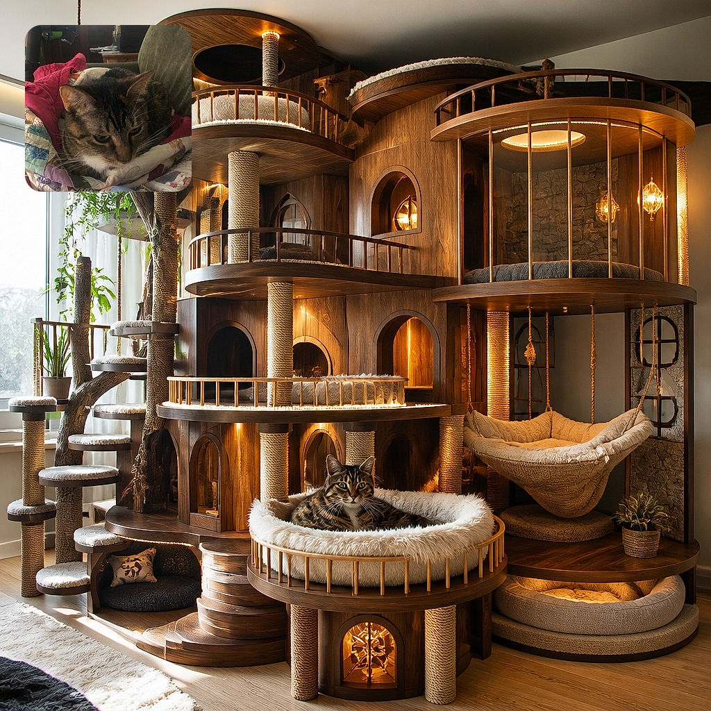 A sleepy tabby cat is sprawled across a colorful patchwork quilt, looking as though it has personally declared the blanket a luxury private kingdom. Behind it, a cozy couch and a slightly chaotic room complete the scene.