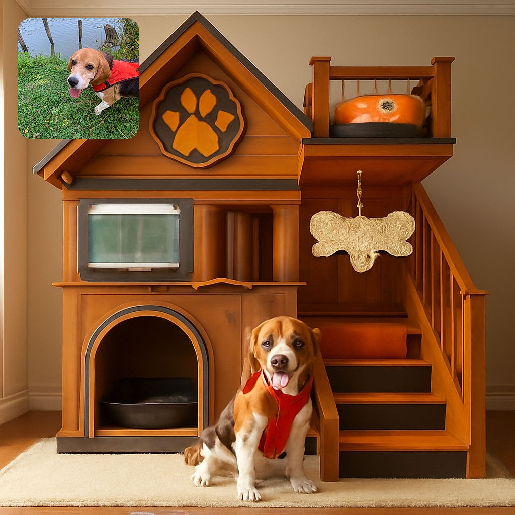 A cheerful beagle in a bright orange harness is standing on lush green grass near a calm water body with wooden posts, looking up with its tongue out as if ready for an adventure or a splash.