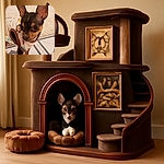 A tiny dog with enormous ears and big curious eyes is sporting a cute patterned outfit, standing on a tiled floor near a soft rug, looking like it's ready for a fashion show or a secret mission.