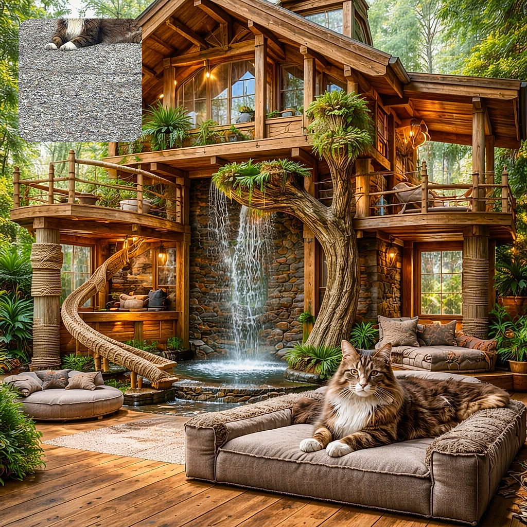 A majestic fluffy cat lounges regally on a textured gravel surface, looking directly at the camera with an air of feline royalty and a white chest that contrasts beautifully with its brown and black fur.