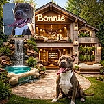 A goofy dog with a huge tongue hanging out looks like it's caught mid-laugh on a sunny sidewalk, with the name 'Bonnie' scribbled in bright red above, adding a playful splash of personality.