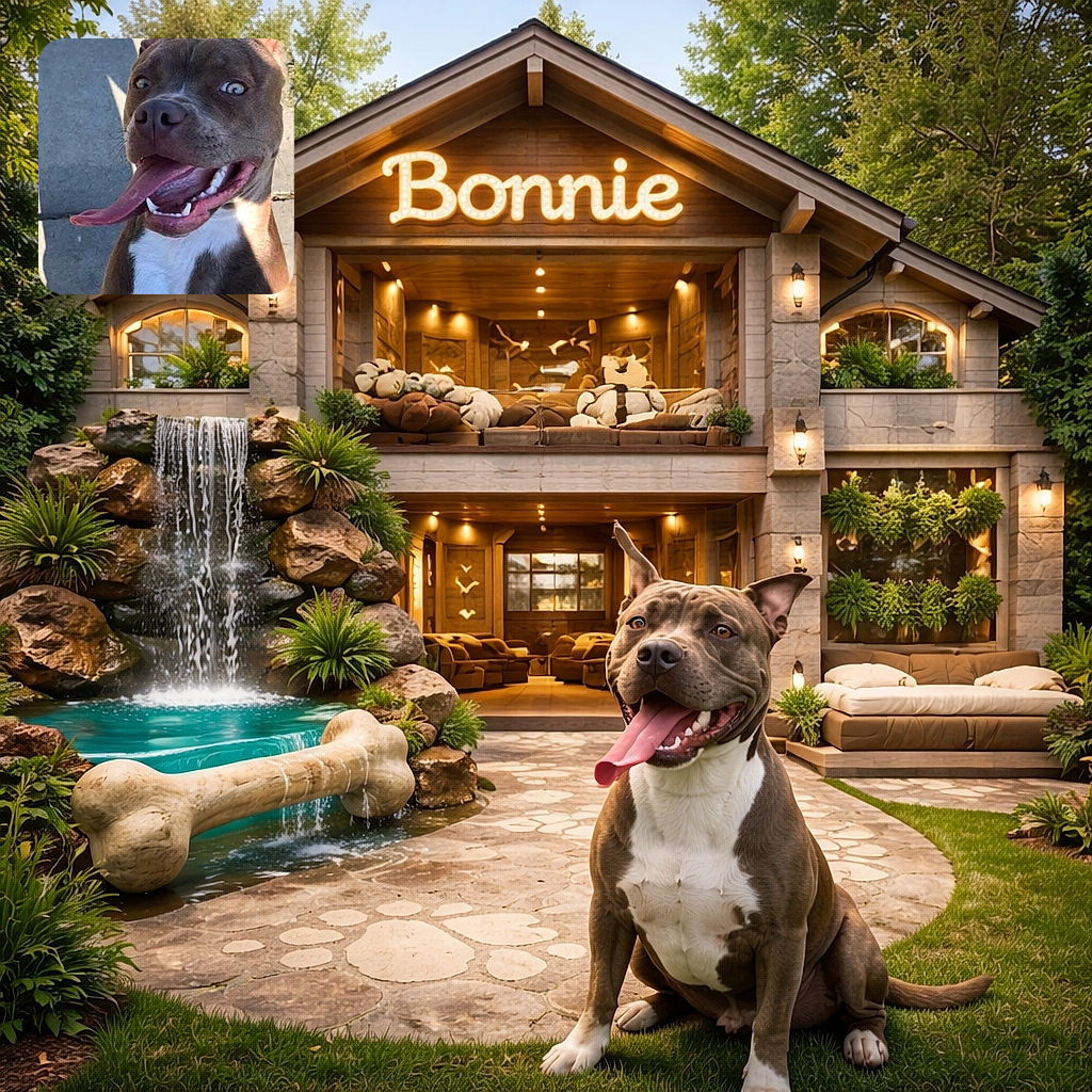 A goofy dog with a huge tongue hanging out looks like it's caught mid-laugh on a sunny sidewalk, with the name 'Bonnie' scribbled in bright red above, adding a playful splash of personality.