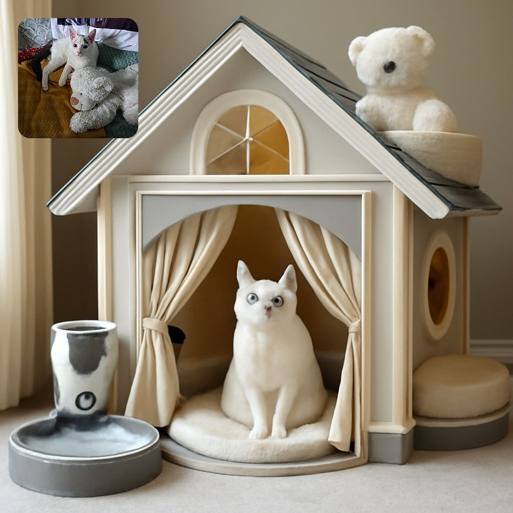 A curious white and black kitten lounges comfortably on a cozy mix of blankets and cushions, next to a fluffy white teddy bear that looks like the kitten's new best friend.