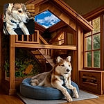 A fluffy dog lounges comfortably inside a crate, wearing a blue harness with paw prints, looking calm and contemplative with soft natural lighting highlighting its fur texture.
