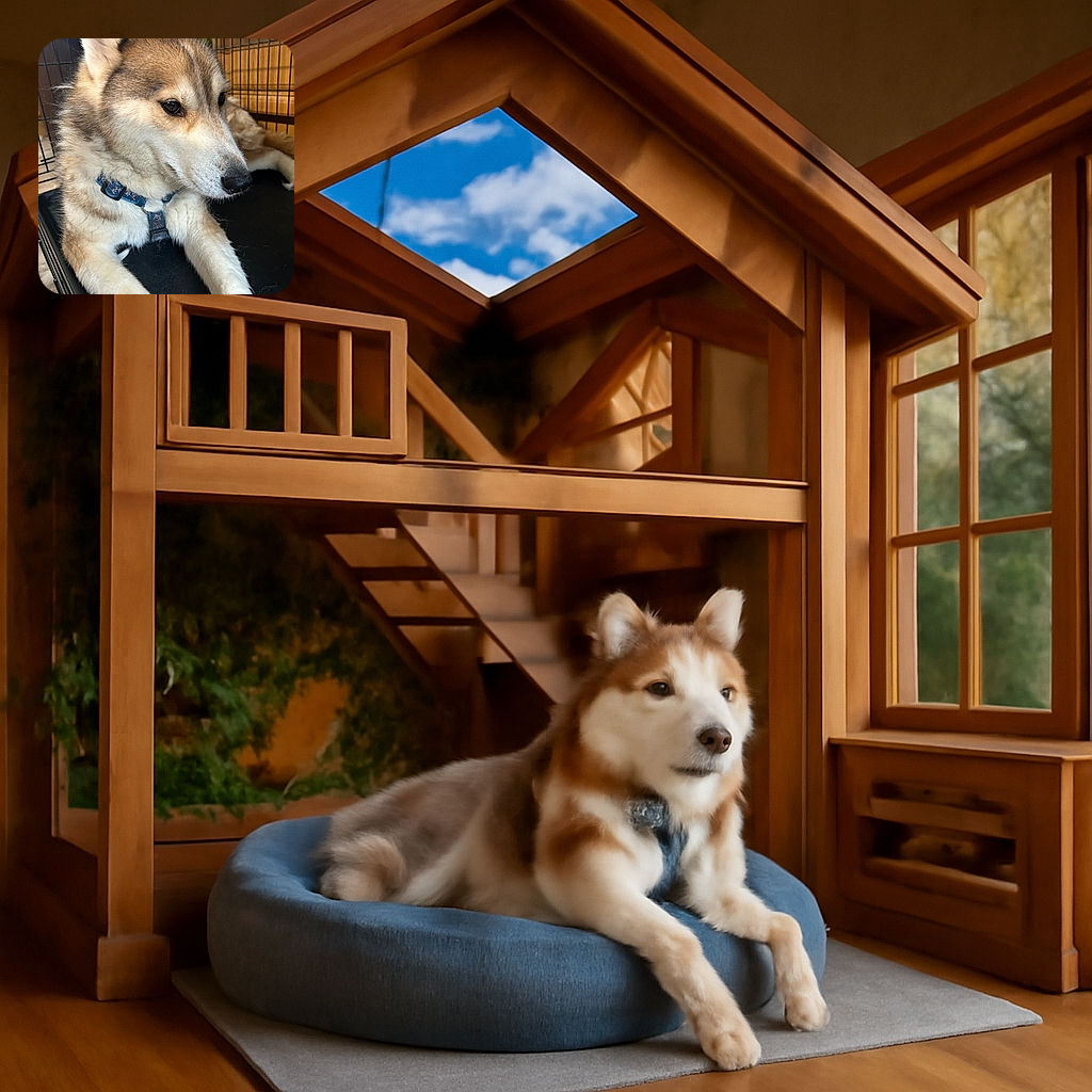 A fluffy dog lounges comfortably inside a crate, wearing a blue harness with paw prints, looking calm and contemplative with soft natural lighting highlighting its fur texture.