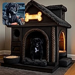 A charming black puppy dressed in a cozy black hoodie, chewing on the hoodie string with an innocent yet mischievous expression, held gently by a person inside a car with a blurred outdoor background.