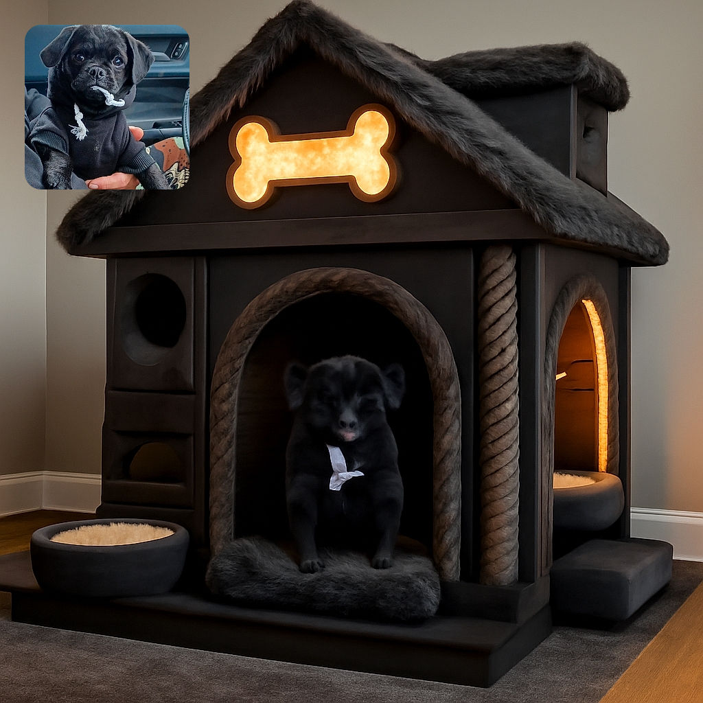 A charming black puppy dressed in a cozy black hoodie, chewing on the hoodie string with an innocent yet mischievous expression, held gently by a person inside a car with a blurred outdoor background.