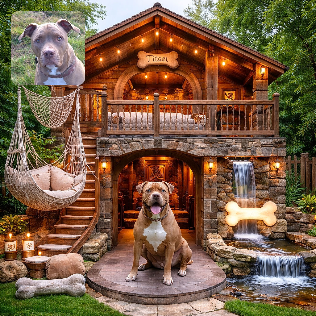 A close-up photo of a serious-looking brown and white dog sitting on grass, with a camo-patterned collar and curious eyes staring directly at the camera.