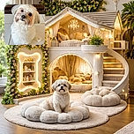 A fluffy white dog with adorable big eyes and a slightly tilted head looks up with a curious and sweet expression, sitting on a tiled floor with a cozy indoor background.