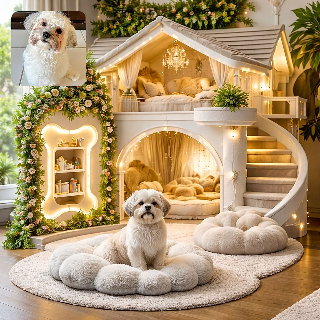 A fluffy white dog with adorable big eyes and a slightly tilted head looks up with a curious and sweet expression, sitting on a tiled floor with a cozy indoor background.