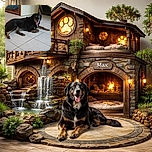A large black and brown dog with striking blue eyes lounges comfortably on a tiled floor, tongue out and looking relaxed in a cozy indoor setting with furniture in the background.