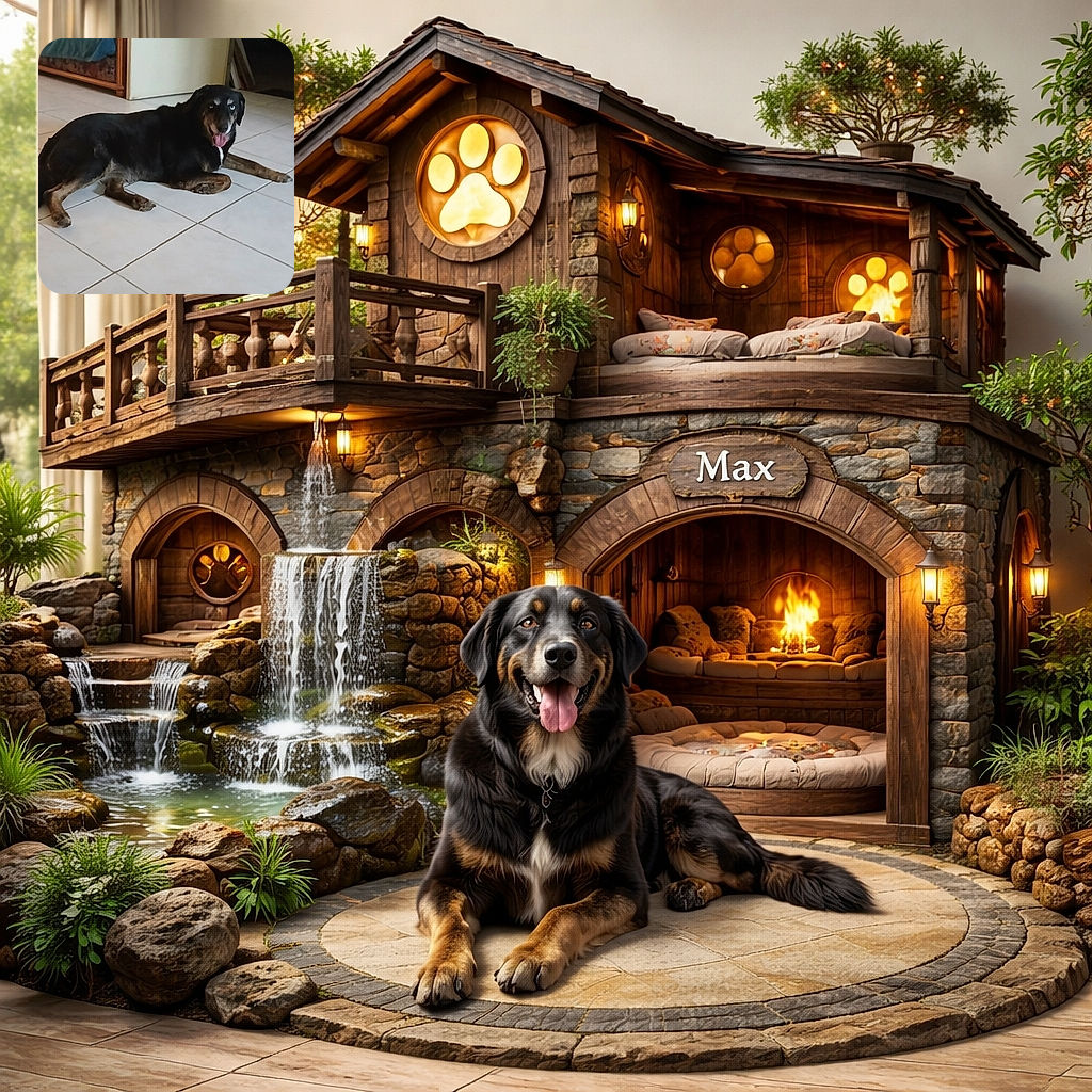 A large black and brown dog with striking blue eyes lounges comfortably on a tiled floor, tongue out and looking relaxed in a cozy indoor setting with furniture in the background.