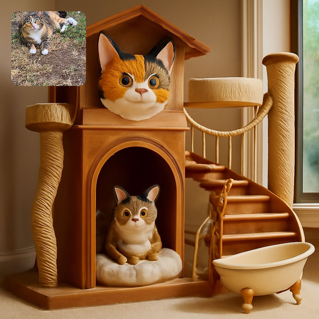 A charming calico cat lounges comfortably on a patch of dry grass and dirt, surrounded by some green weeds and gravel in the background, giving off a relaxed vibe as it looks curiously at the camera.