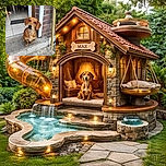 A small brown dog with floppy ears sits patiently on a concrete doorstep, tilting its head adorably as if pondering the mysteries of the universe. Behind the dog, a cozy indoor scene with chairs, a pink hoodie hanging, and a dog bowl adds a homely touch.