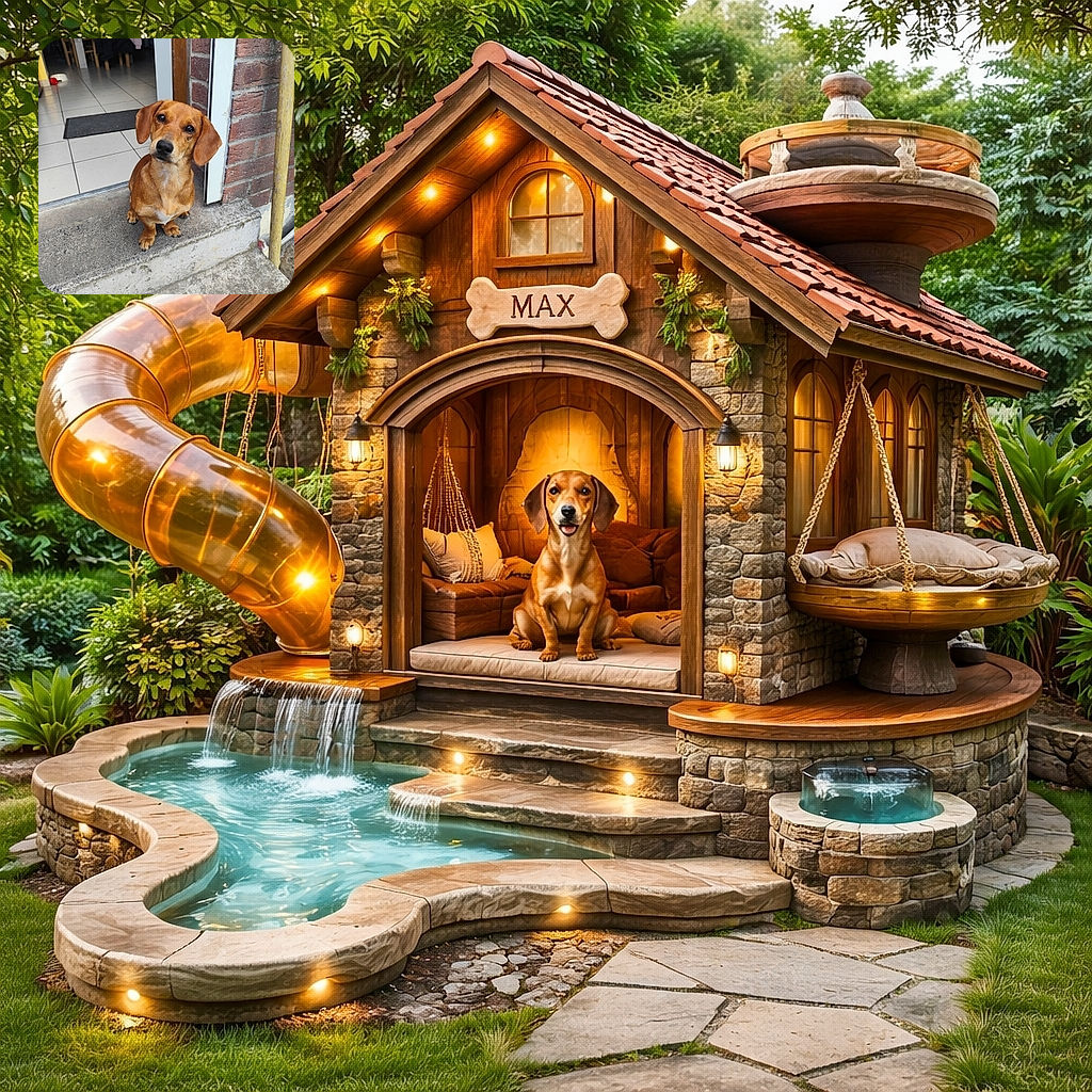 A small brown dog with floppy ears sits patiently on a concrete doorstep, tilting its head adorably as if pondering the mysteries of the universe. Behind the dog, a cozy indoor scene with chairs, a pink hoodie hanging, and a dog bowl adds a homely touch.