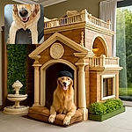 A cheerful golden retriever wearing a black cap looks directly at the camera with a happy, open-mouthed smile, paws stretched out on a dark surface, creating an adorable and playful vibe.