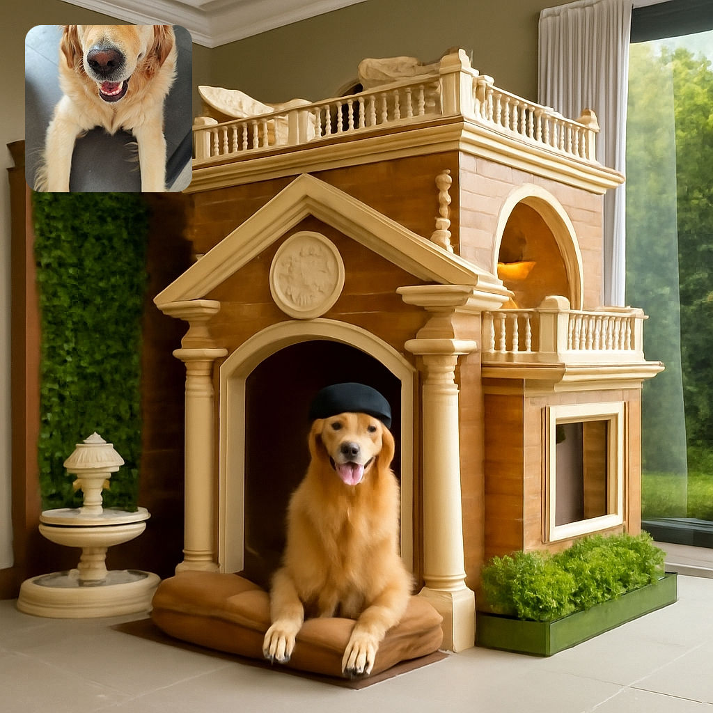 A cheerful golden retriever wearing a black cap looks directly at the camera with a happy, open-mouthed smile, paws stretched out on a dark surface, creating an adorable and playful vibe.