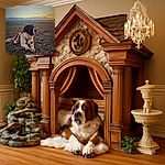 A majestic St. Bernard dog lies calmly on a rustic dirt field at sunset, gazing thoughtfully into the distance with a serene sky and soft clouds painting the background.