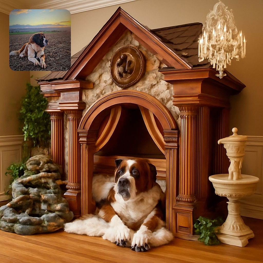 A majestic St. Bernard dog lies calmly on a rustic dirt field at sunset, gazing thoughtfully into the distance with a serene sky and soft clouds painting the background.