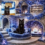 A majestic black cat with piercing yellow eyes poses like a wise guardian in front of a whimsical blue-decorated wall adorned with shelves of crystals and butterflies, creating a magical and mystical atmosphere.