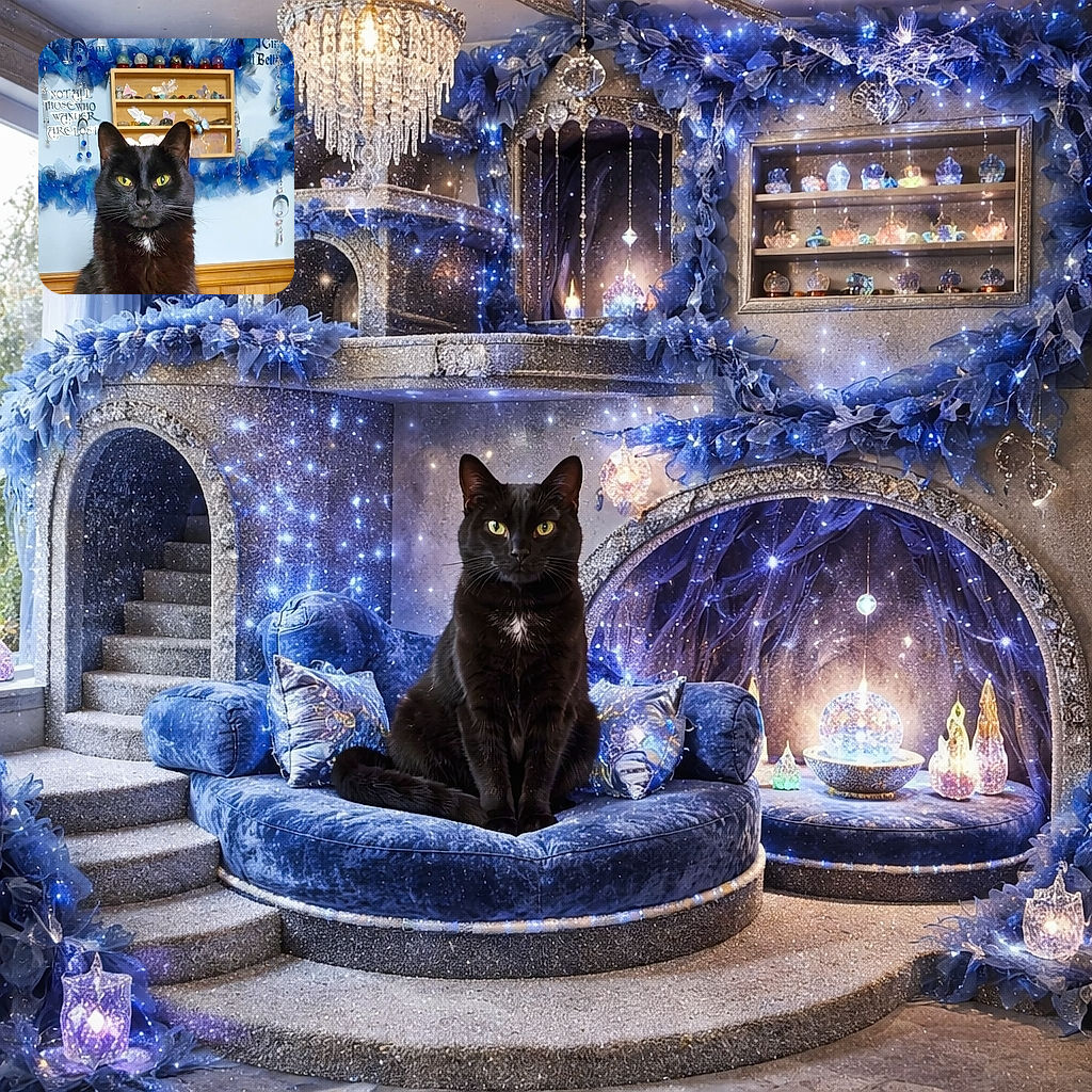 A majestic black cat with piercing yellow eyes poses like a wise guardian in front of a whimsical blue-decorated wall adorned with shelves of crystals and butterflies, creating a magical and mystical atmosphere.