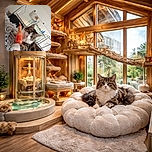 A curious tabby cat with white paws clutches a bright orange toy fish while lying on a cozy gray couch, surrounded by modern furniture and a clean, bright room.