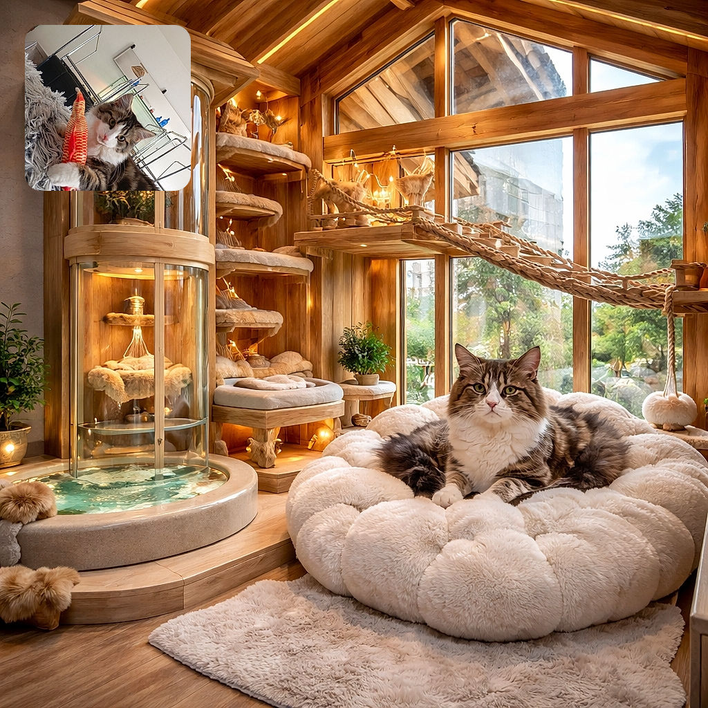 A curious tabby cat with white paws clutches a bright orange toy fish while lying on a cozy gray couch, surrounded by modern furniture and a clean, bright room.